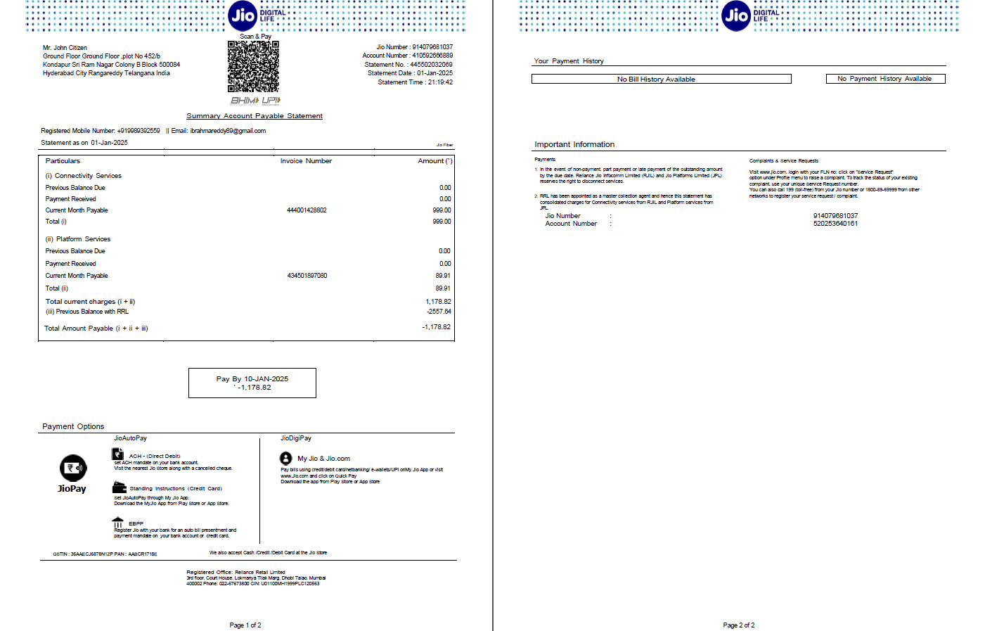 India Jio Digital Life utility bill template in Word and PDF formats, 2 pages, version 3